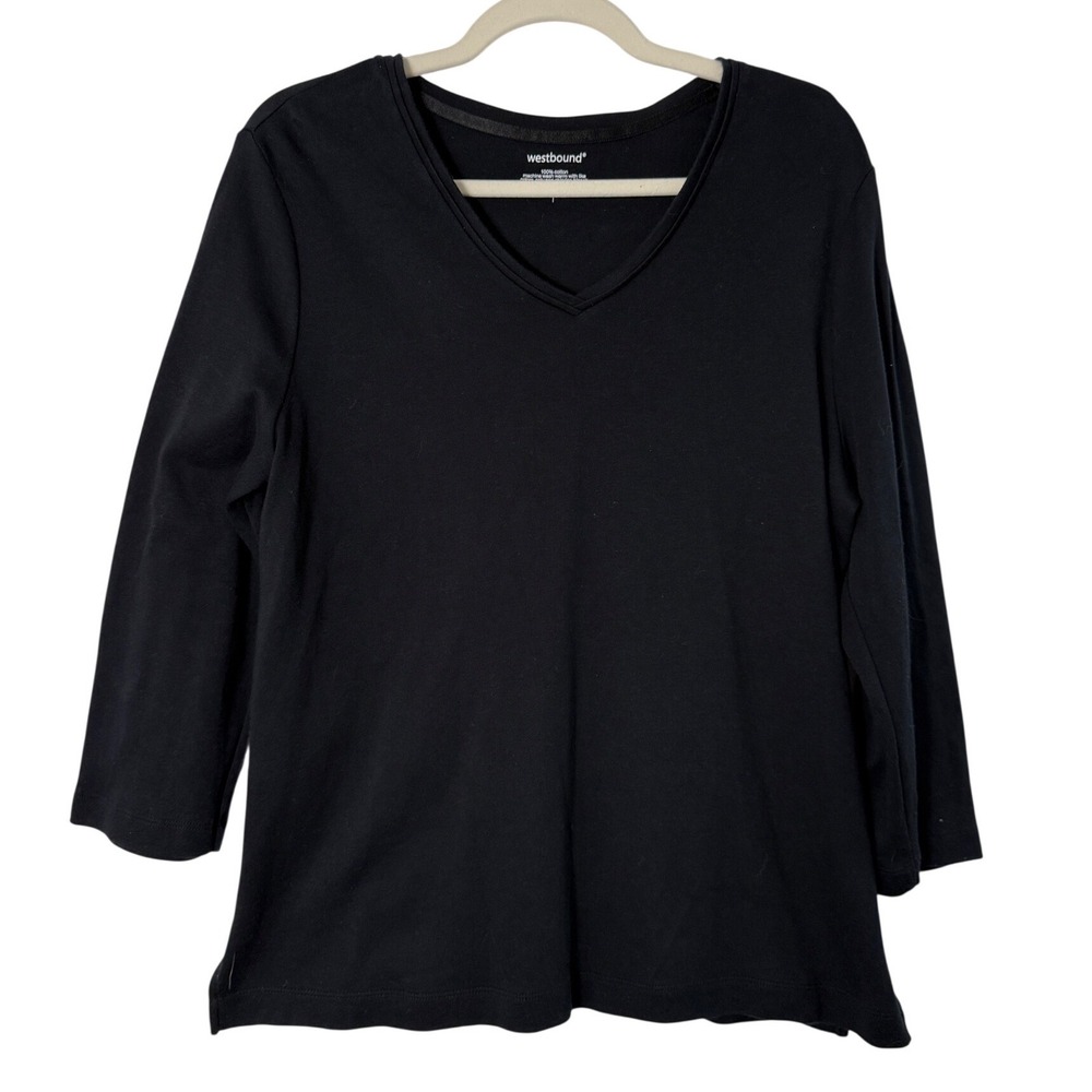 Westbound V-Neck Top Women L Black Excellent 3/4 Sleeve Cotton Tee Side Slits